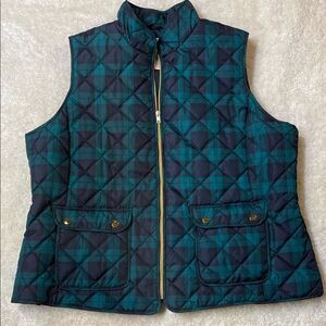 St John’s Bay Womens Plus Green Navy Plaid Quilted Puffer Vest Sz 1X
